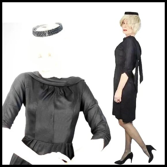 Little Black Wiggle Dress 50s Vintage with Low Back Interest VFG Sexy Bodycon - Picture 2 of 16